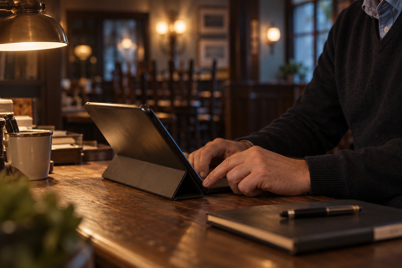 Pub desk with tablet after hours