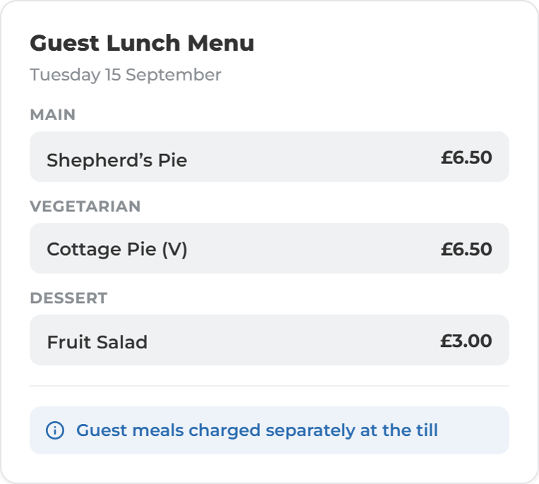 Care Home Cafe Dashboards Guest Lunch Menu