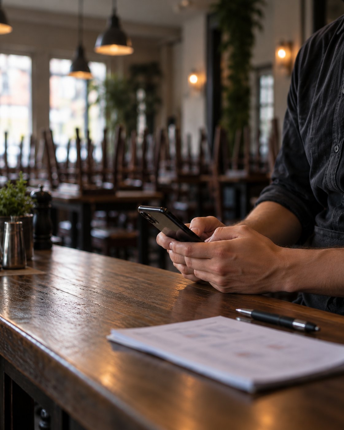 Checking a phone at the empty bar-5