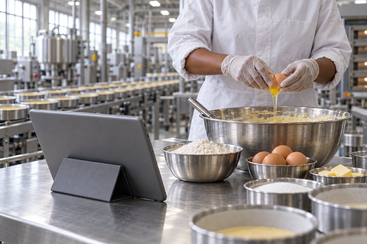 Hands mixing cake batter in a factory