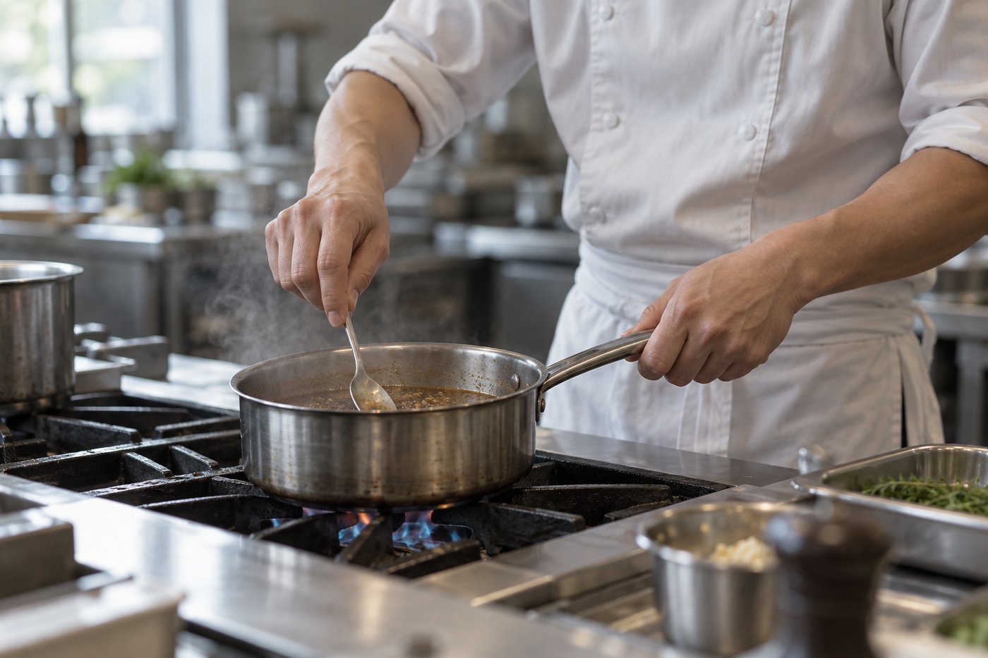Hands stirring sauce in a quiet kitchen