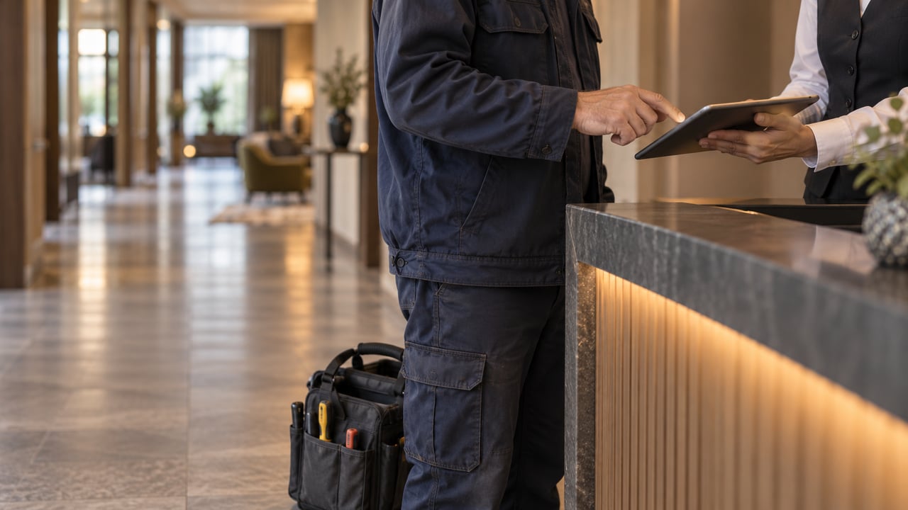 Hotel contractor checks in by tablet