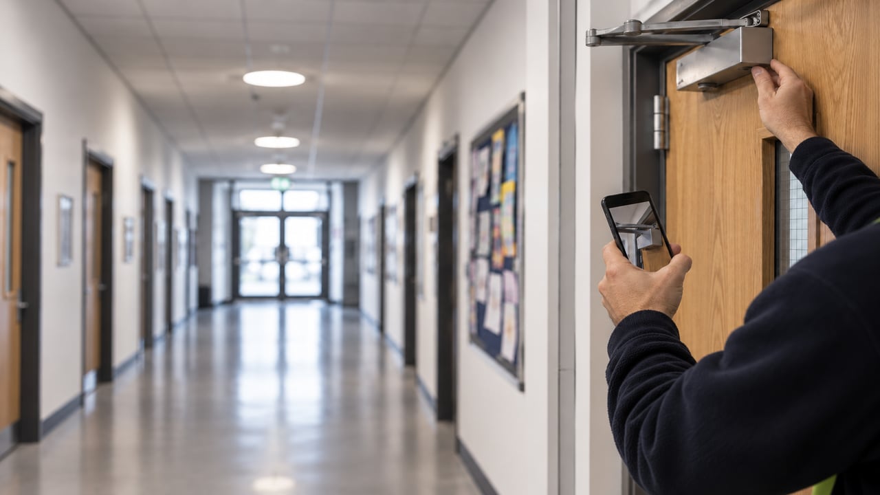 Maintenance Worker Inspecting Door Closer