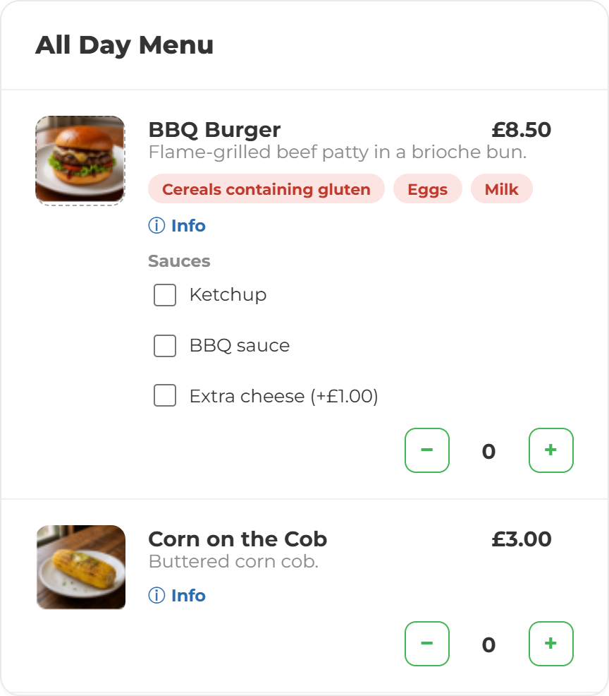 Order screen on a tablet