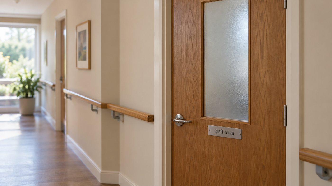 Staff room plaque on wooden door