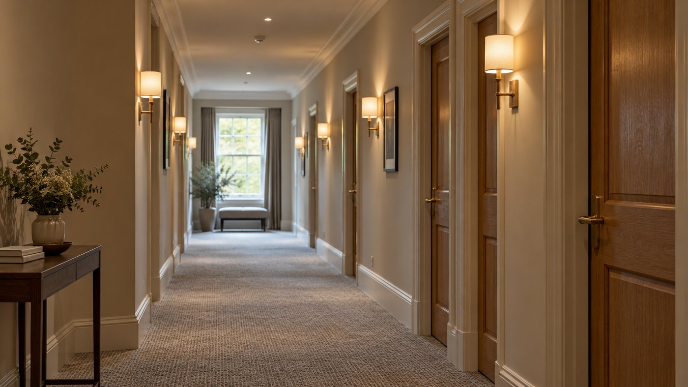 Understated hotel corridor in warm daylight