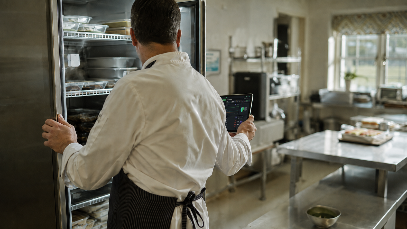 Chef in the kitchen using ocapii on the tablet
