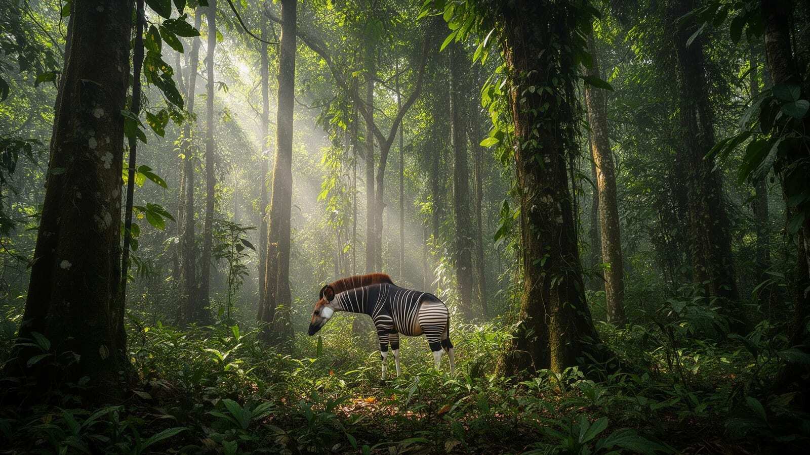 Okapi standing in a misty Ituri rainforest clearing